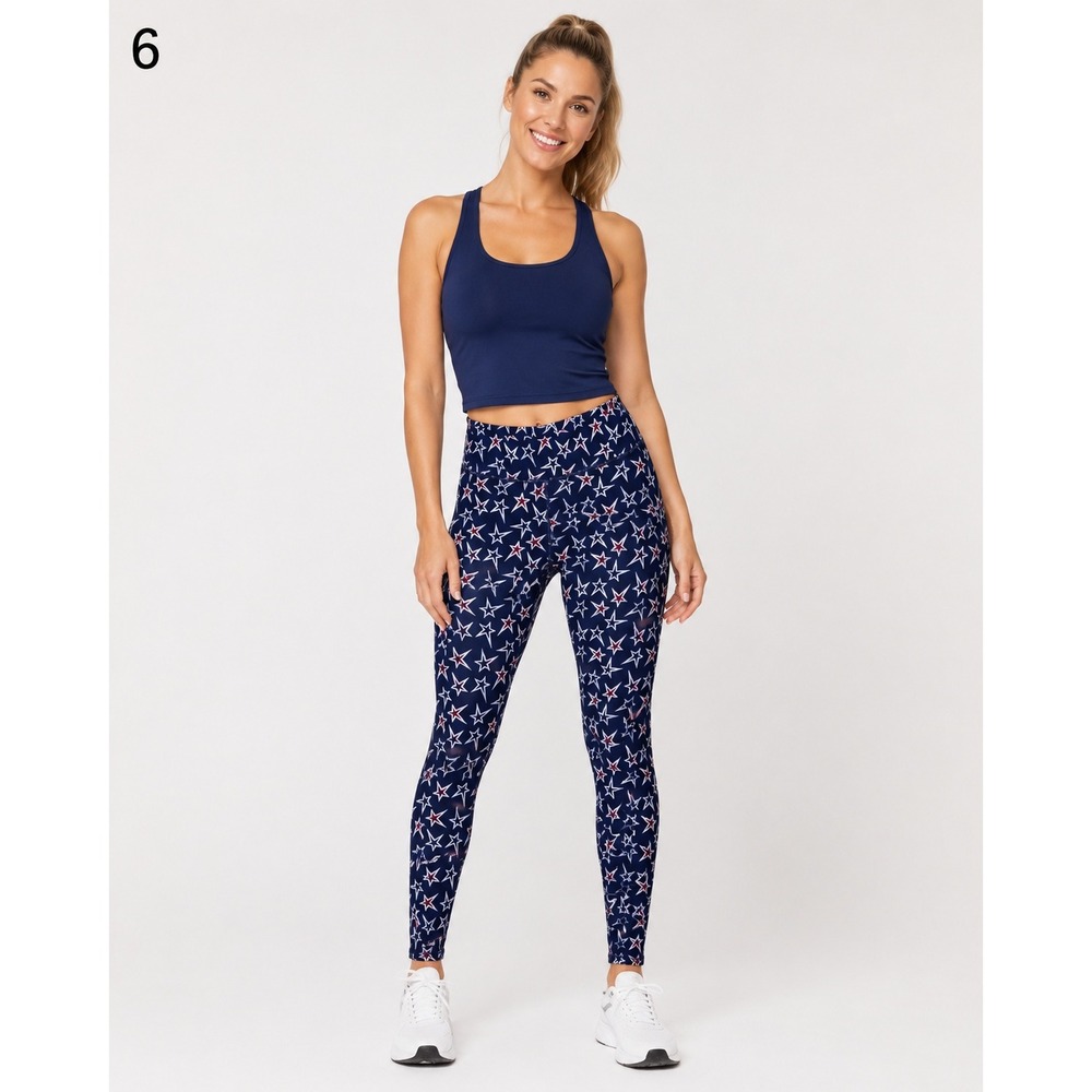 Fabletics Athletic Leggings Large Navy Blue Star Print Polyester Waist Pocket